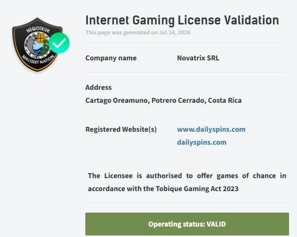 DailySpins Casino licence